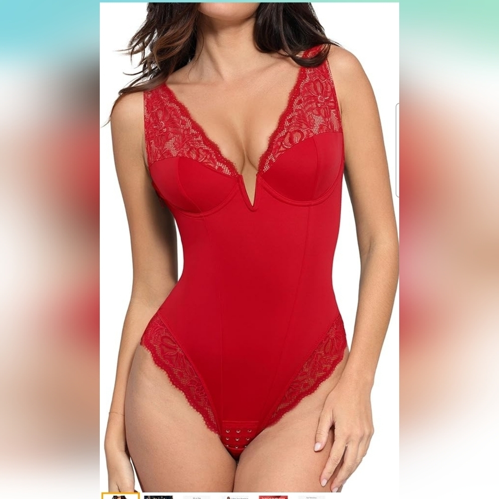 Popilush Red Lace V Neck Corset Shapewear Tummy Control Bodysuit Size 3XL